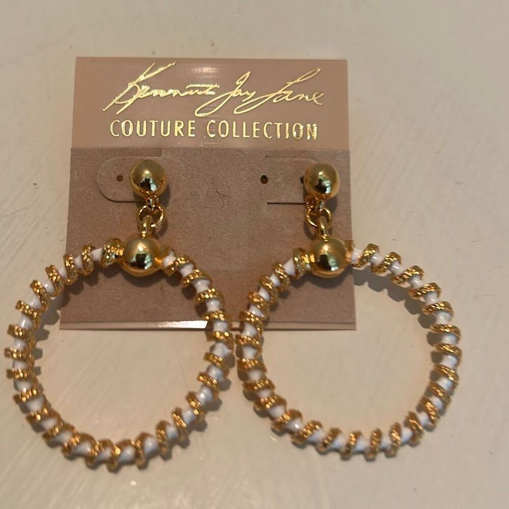 Kenneth Jay Lane Couture Collection Dangle Earrings White Gold Twist Hoop NEW